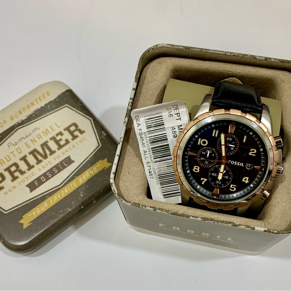Fossil Dean FS4545 men black leather analog quartz watch Silver & Rose gold face